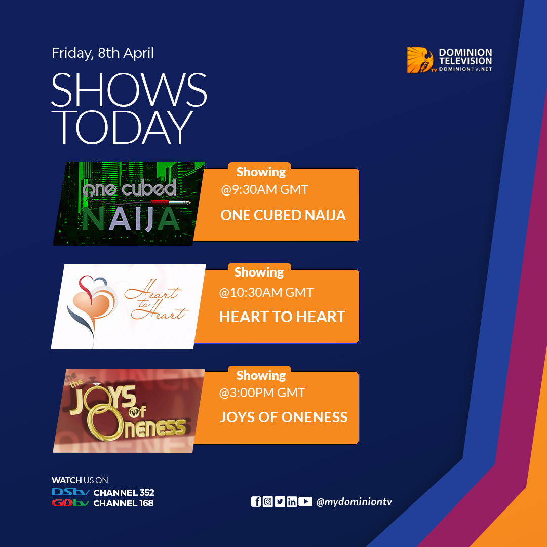 MyDominionTV's tweet photo. Experience the joy of oneness and many more, this morning on Dominion Television.
Tune in on @DStv_Ghana CH 352 and @GOtv_Ghana CH 168. Make a date with us.
#mydominiontv
#ShowingToday https://t.co/G3MzELt3fK