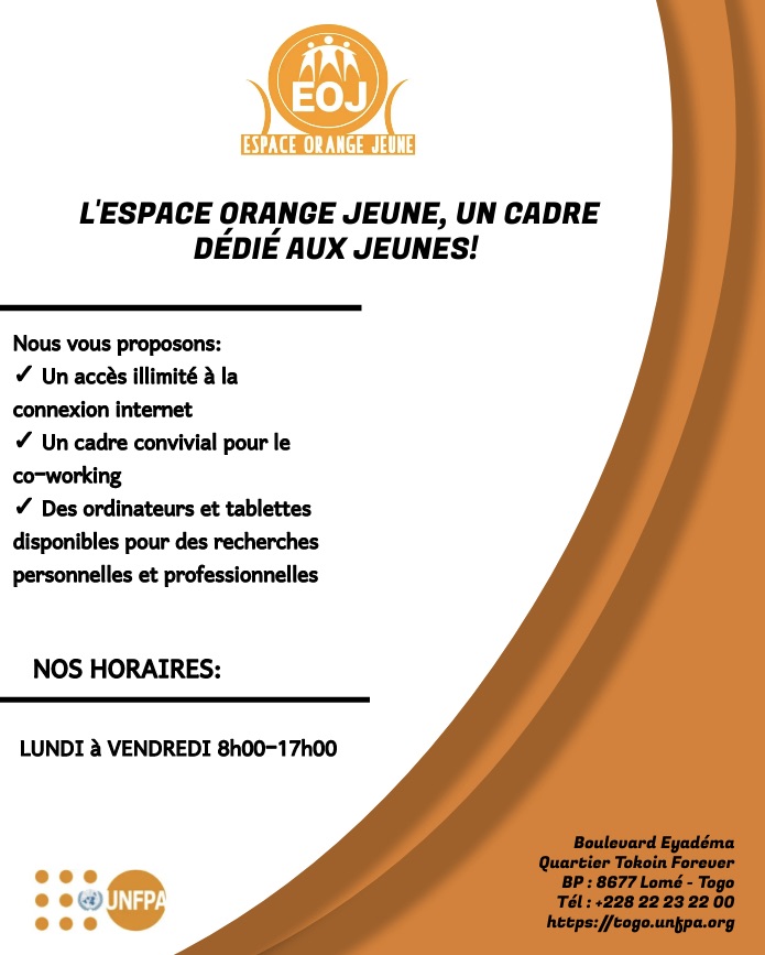Tu es jeune 😏 
Tu souhaites jouir d’un espace agréable pour travailler ? Ne cherche plus loin ! L’espace Orange Jeune est là pour t'accueillir ! C’est gratuit en plus !
L'EOJ, un endroit équipé de portatifs💻, de tablettes et d'une connexion internet illimité
#LeaveNoOneBehind