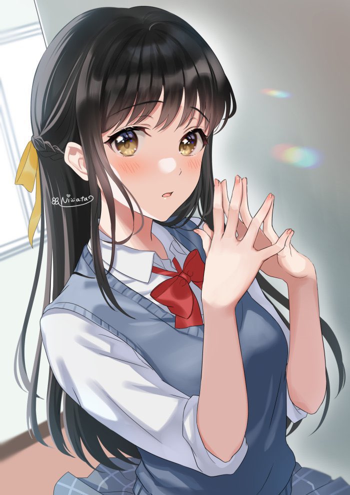 1girl solo school uniform black hair long hair shirt bow  illustration images
