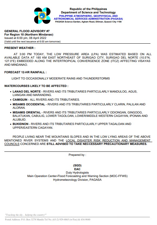 dost_pagasa's tweet photo. General Flood Advisories (GFAs)
Issued @ 6PM, 08 April 2022
Region 8 (Eastern Visayas) - #GFA8
Region 10 (Northern Mindanao) - #GFA7
Region 13 (CARAGA) - #GFA8 https://t.co/5eeGqT3hgJ