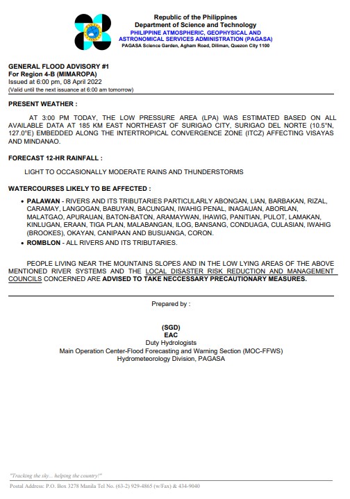dost_pagasa's tweet photo. General Flood Advisories (GFAs) 
Issued @ 6PM, 08 April 2022
Region 4B (MIMAROPA) - #GFA1
Region 5 (Bicol Region) - #GFA4
Region 6 (Western Visayas) - #GFA6
Region 7 (Central Visayas) - #GFA6 https://t.co/LSBDeipLrV