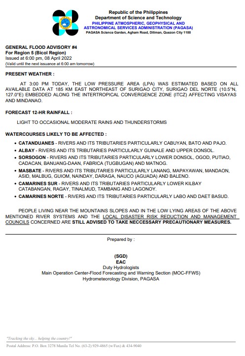 dost_pagasa's tweet photo. General Flood Advisories (GFAs) 
Issued @ 6PM, 08 April 2022
Region 4B (MIMAROPA) - #GFA1
Region 5 (Bicol Region) - #GFA4
Region 6 (Western Visayas) - #GFA6
Region 7 (Central Visayas) - #GFA6 https://t.co/LSBDeipLrV