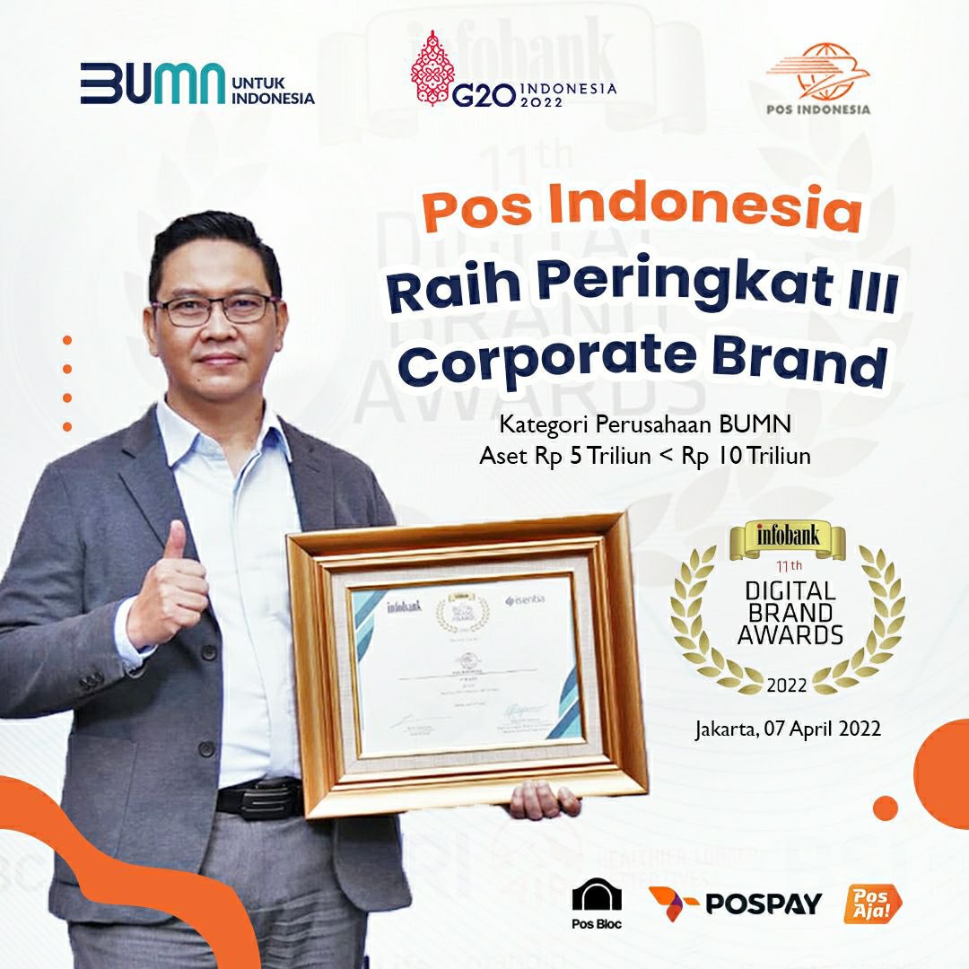 PosIndonesia's tweet photo. Pos Indonesia kembali meraih penghargaan, kali ini pada ajang Digital Brand Awards 2022 yang diselenggarakan oleh Majalah Infobank berkolaborasi dengan Isentia. https://t.co/QHVolbgoEy
