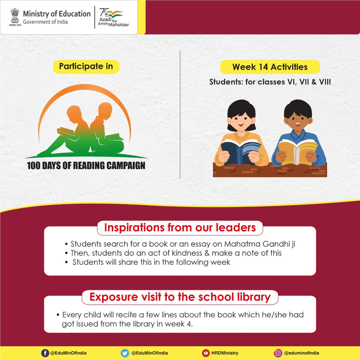 Week14 of #100DaysReadingCampaign! The stories about great leaders instil in students a desire to contribute to nation-building. This week, students will be encouraged to search for a book or an essay on Mahatma Gandhi ji &amp; share their views in the classroom. #PadheBharat