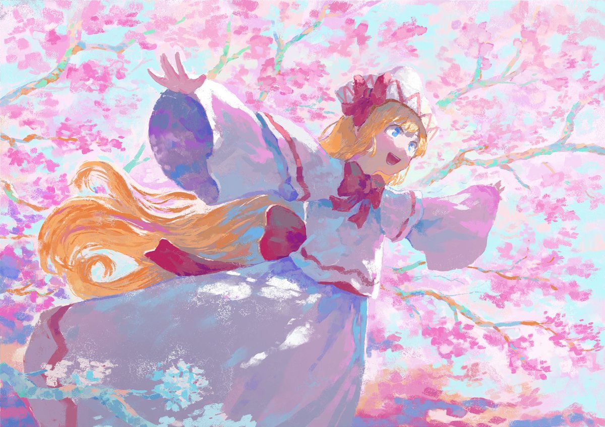 lily white 1girl solo long hair blonde hair blue eyes cherry blossoms open mouth  illustration images