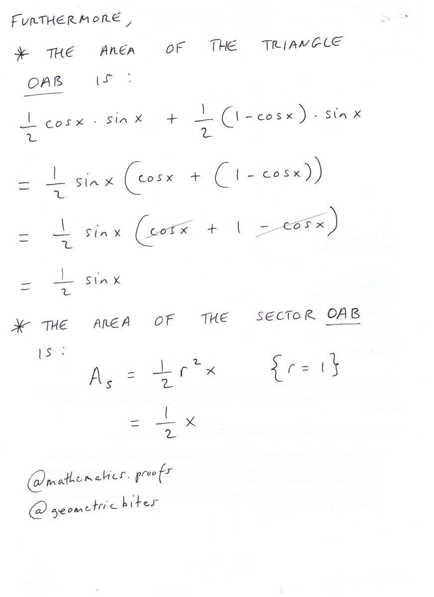 tiago_hands's tweet photo. Why is it, than when x approaches 0, sinx/x=1 and (1-cosx)/x=0? *Extra workings included [Source: #Mathematics from the Birth of Numbers, pages 529-530, Jan Gullberg] #geometricproof #twocruciallimits #geometry https://t.co/tEm6HCDKBj