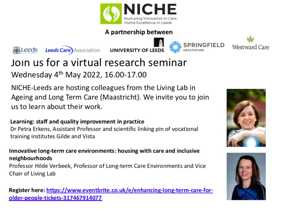 NICHE Leeds (@leedsniche) on Twitter photo Online research seminar not to be missed! 4th May 4-5pm, we'll be hearing about exciting care home research taking place <a href="/MaastrichtU/">Maastricht University</a> @AWOLimburg see flyer and register using this link - eventbrite.co.uk/e/enhancing-lo… #carehomes #socialcare #research Online research seminar not to be missed! 4th May 4-5pm, we'll be hearing about exciting care home research taking place <a href="/MaastrichtU/">Maastricht University</a> @AWOLimburg see flyer and register using this link - eventbrite.co.uk/e/enhancing-lo… #carehomes #socialcare #research