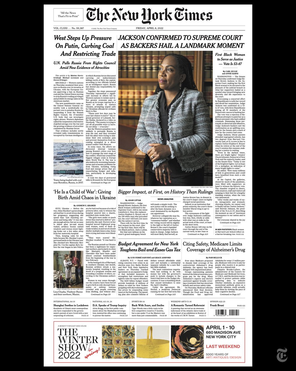 The front page of The New York Times for April 8, 2022. nyti.ms/3jmSRJ2
