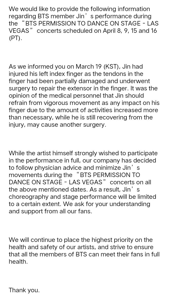 theJINPRlNT's tweet photo. BIGHIT MUSIC reported that Seokjin's movements for the PTD On Stage Las Vegas will be limited because he is still recovering from his finger injury and that is his physician's advice. 

GET WELL SOON OUR JIN 🥺❤️ https://t.co/CfP2UynOcg