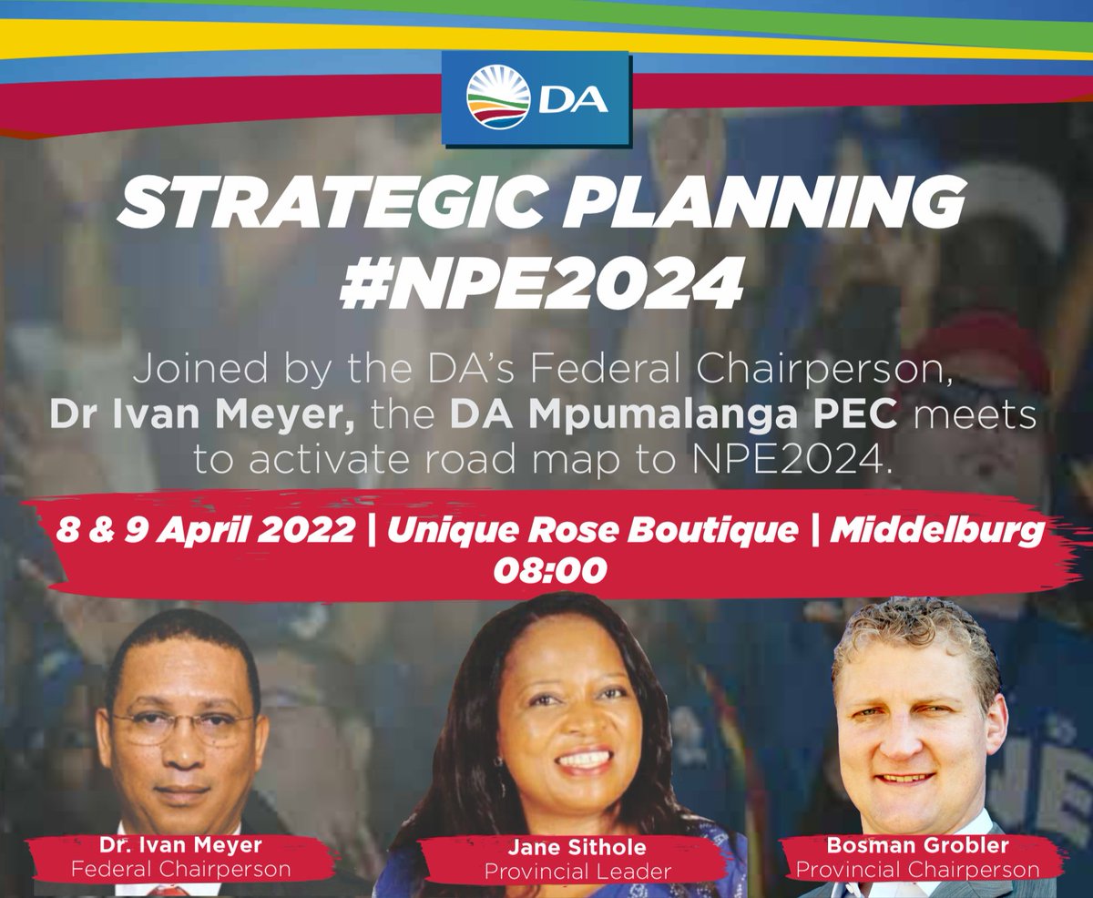 DA_Mpumalanga's tweet photo. #DAatWork
DA Mpumalanga Provincial Executive Committee (PEC) will be meeting for the next two days in SteveTshwete.
The purpose of this strategic planning session is to produce a clear action plan for National and Provincial Elections 2024.
#DAMpu #DAMpuPEC https://t.co/uJYT8NtRaY