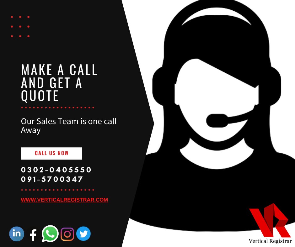 VRServicess's tweet photo. Our sales team is one call away!!!!
Call us now 📲
Follow the steps ➡ Give us basic information about your company ➡ Get quoted 
Your Data is VR’s Responsibility, We will keep it Confidential
Contact us at
☎+92 91 57 00 347
📲+92 302 0405550
📧 contact@verticalregistrar.com https://t.co/3mcN9KWyBT