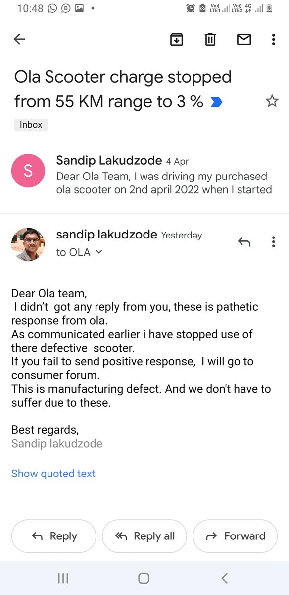 LakudzodeSandip's tweet photo. @bhash @OlaElectric @OlaScooter 
Why ola is not responding to issues related to customers.  
@bhash- please look into this serious issues, we are suffering due to your defective product quality.

My scooter stopped on 2nd april till date there no reply from company. https://t.co/sYrUMnVtsz