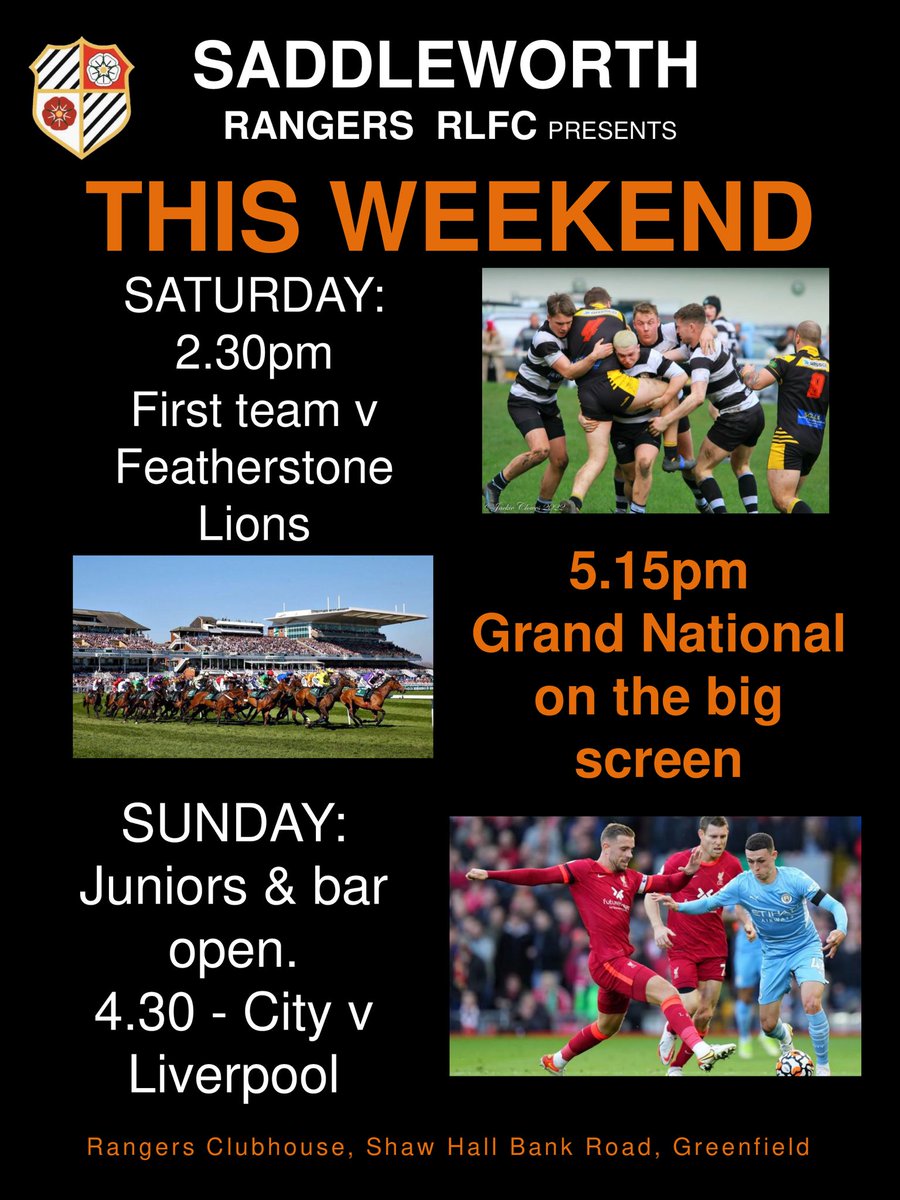 SaddRangers's tweet photo. The next 7 days for your diary @OfficialNCL @TheRFL @LionsFev @ManCity @LFC @GBTeachersRL @ukafrugbyleague @WaterheadARLFC @paddyohareuk @jscottcca @DonkeystoneBrew @ODSolicitors @kandmglobal @kobecoffeeuk #Easter2022 https://t.co/hpdcXbVj1a