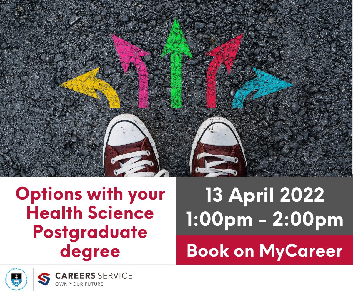 Health Science postgraduate students! Join us for Options with your Health Science Postgraduate Degree webinar next week Wednesday 13 April 2022! Click here to book - mycareer.uct.ac.za/students/event… <a href="/UCTHealthSci/">UCT Health Sciences</a> <a href="/uct_bmhsl/">Bongani Mayosi Health Sciences Library (BMHSL)</a> <a href="/UCT_PGHSSC/">PGHSSC</a>