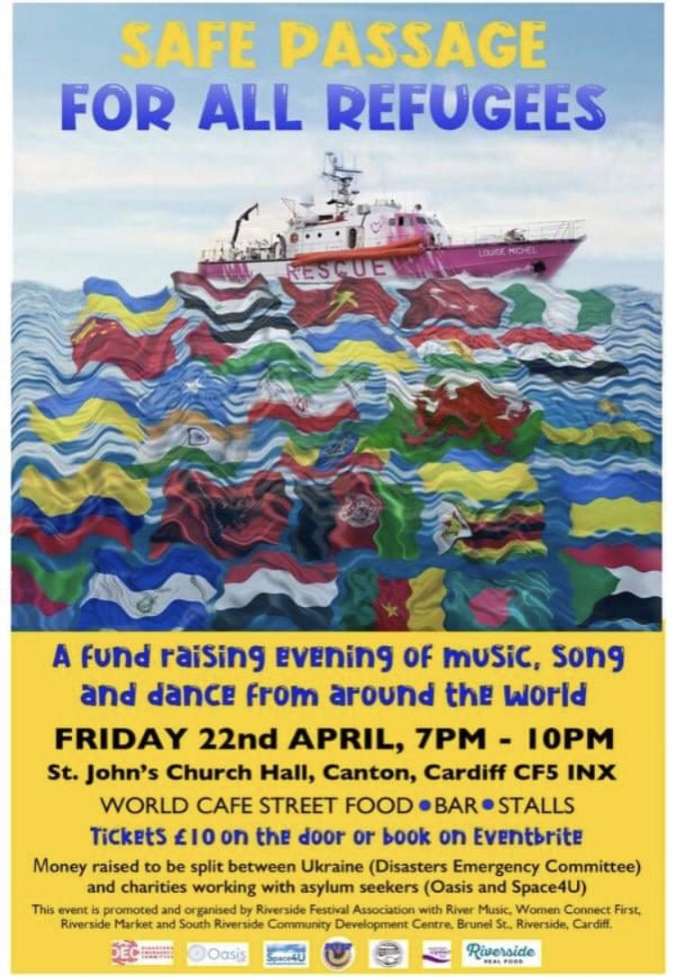 Happy FriYAY!

Riverside is organising a benefit gig for #refugees in Cardiff 💪🏻

Funds will be split between Ukraine, <a href="/OasisCDF/">Oasis Cardiff 🧡</a> + Space 4u to recognise ALL refugees who need support

We’re looking for performers - music, circus etc. 
Get in touch <a href="/RiverProject/">The River Music Project</a> 

#chooselove ♥️