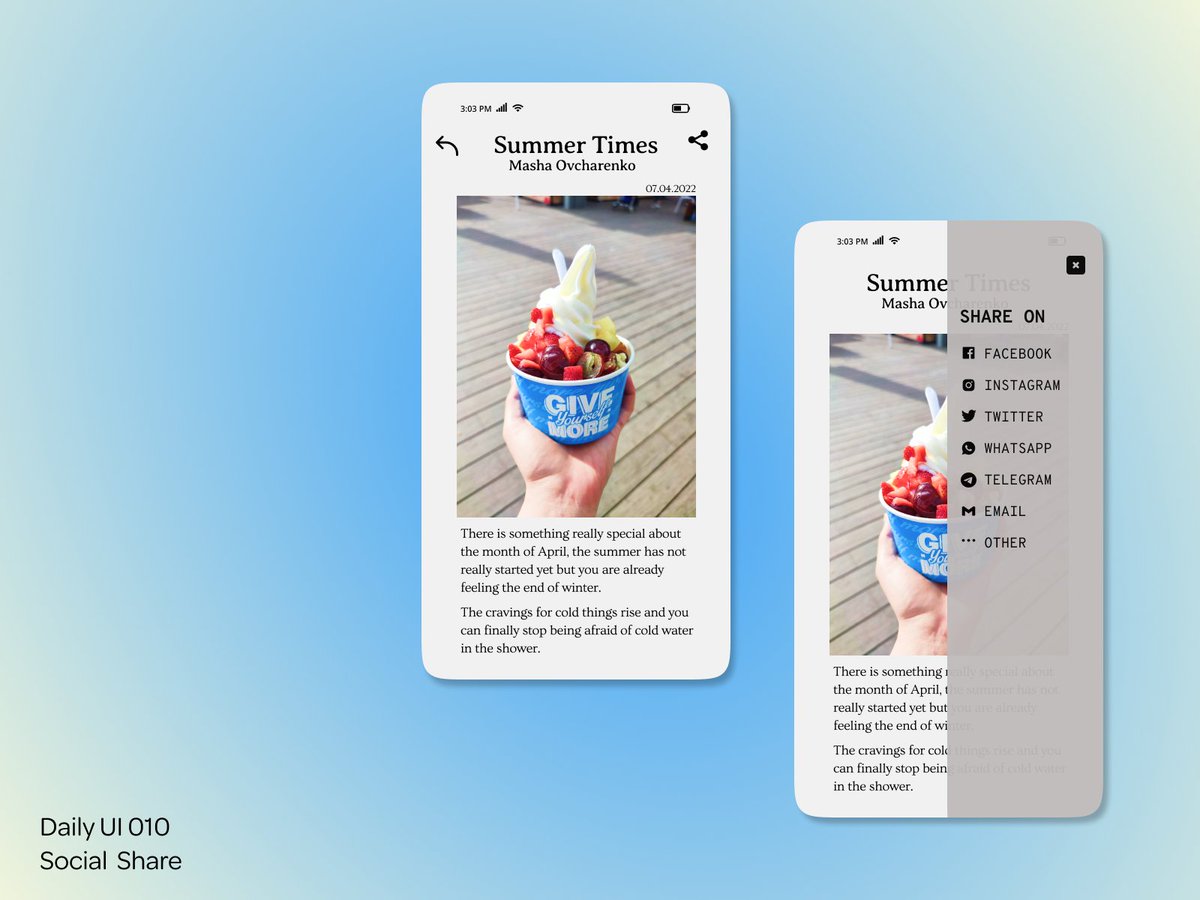 Mashddesign's tweet photo. D009/100-Social Share
Program: Figma
//
#uidesign #DailyUI #GraphicDesigner  #appdesign https://t.co/GrMOKXHKCR
