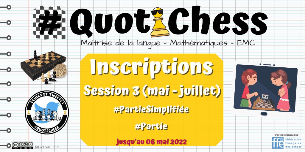 QuotiChess's tweet photo. 📢 Oyé oyé, les inscriptions pour des échanges échiquéens entre classes sont ouvertes ! La 3e session de #QuotiChess est programmée de mai à juillet !
 📧 : échanges par mail
🐦 des #Parties sur #Twitter ou #Edutwit @AbulEduFr 
♟️https://t.co/TwdzlUvW3J
#Échecs #Chess https://t.co/jrnPpGKUAP