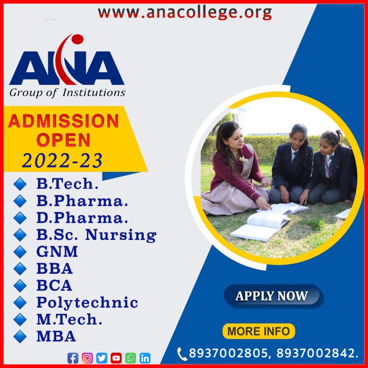 AnaInstitutions's tweet photo. @AnaInstitutions welcomes you to the world of endless opportunities.

Unlock Your Dreams with Us!!!

🔹 https://t.co/1ZZ7gc7KUb.
🔹 B.Pharma.
🔹 D. Pharma.
🔹 https://t.co/d3HVkJNX4V. Nursing 
🔹 GNM
🔹 BBA 
🔹 BCA
🔹 Polytechnic
🔹 https://t.co/HxBHQ0F8dh.
🔹 MBA

Enroll Now!! https://t.co/cMGi05JpZf