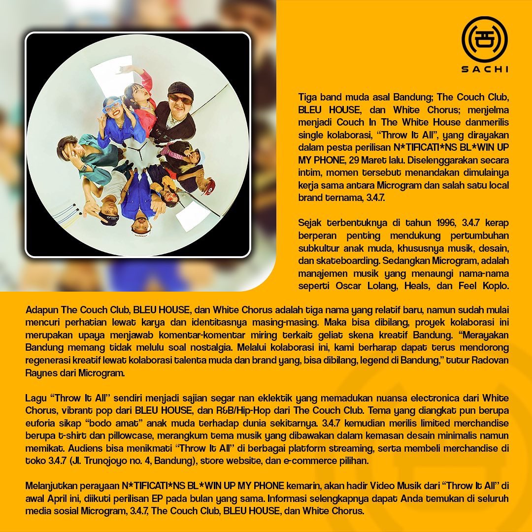 Couch In The White House adalah kumpulan dari tiga band segar dari Bandung; The Couch Club, White Chorus, &amp; Bleu Houses 

Merrka baru saja merilis single terbaru dengan tajuk "Throw it All" dan menjadi penanda kerja sama dengan label Microgram.Ent dan brand lokal ternama Unkl347.