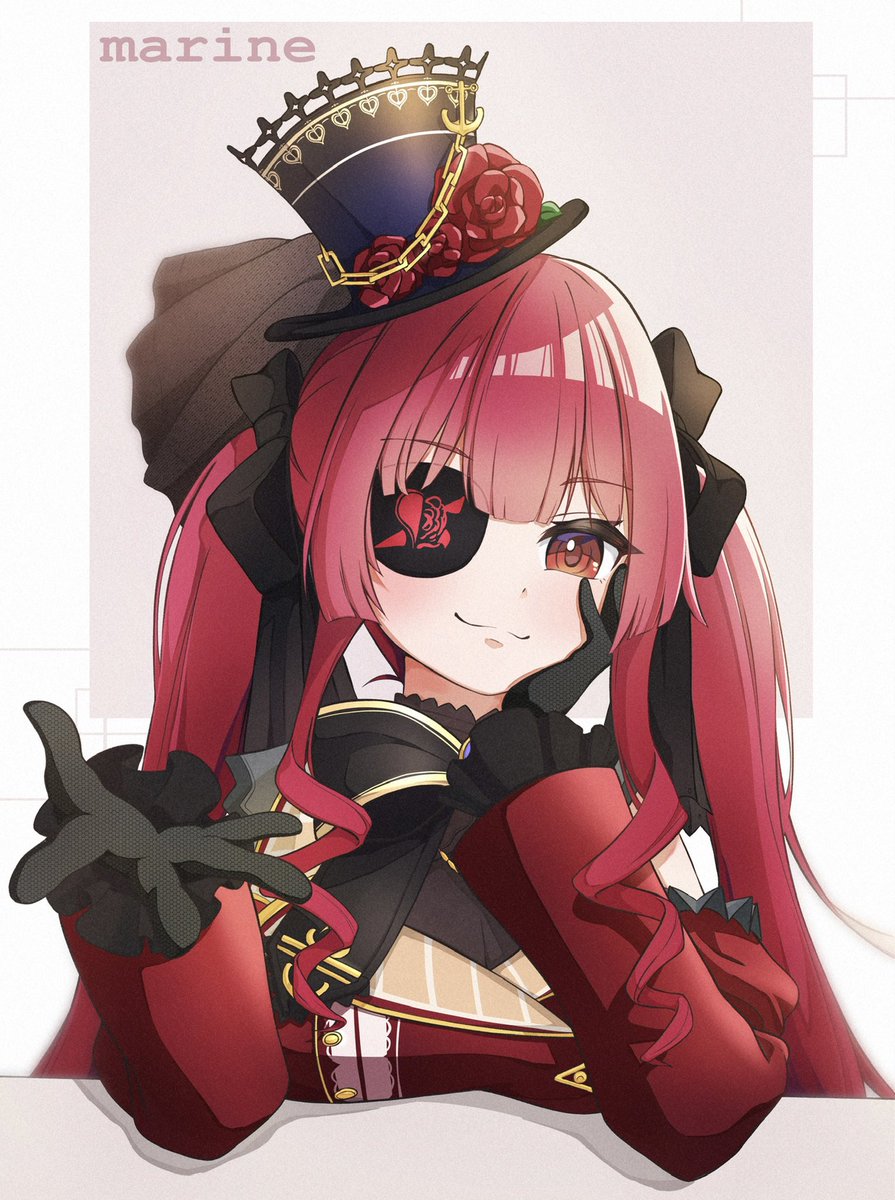 houshou marine 1girl solo eyepatch red hair gloves hat twintails  illustration images