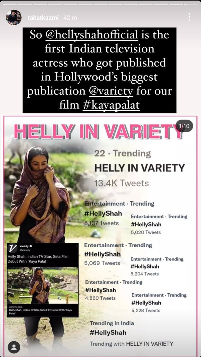 "So #HellyShah is the first Indian Television Actress who got published in Hollywood's biggest publication <a href="/Variety/">Variety</a> for our film #KayaPalat "
              ~ Rahat Kazmi (Actor/Producer)

No need of any caption 🙌🏻💥