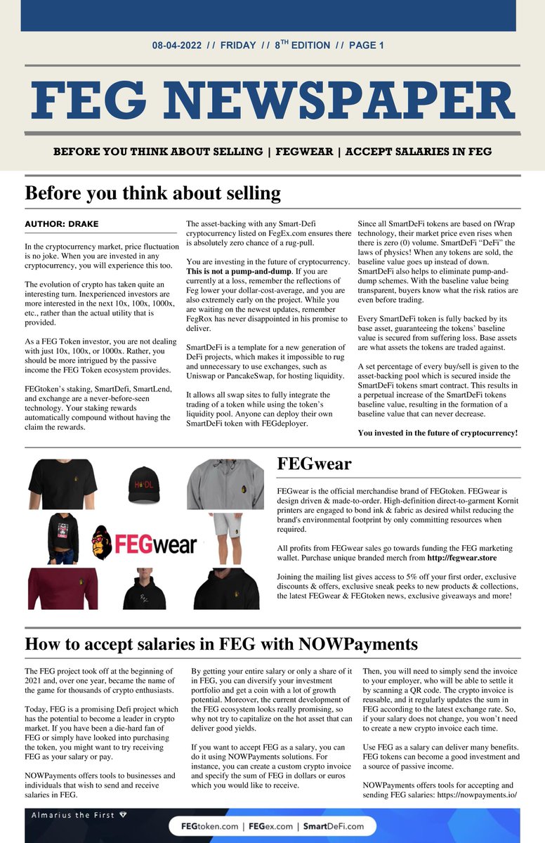 TheFirstTM's tweet photo. 8th edition of the #FEGnewspaper🗞️

Topics
🦍Before you think about selling
🦍#FEGwear
🦍Salary in #FEG with @NOWPayments_io
🦍Featured #SmartDeFi #token @Holding_Hands1
🦍#fWrap
🦍Collaboration with @BigShibaInu
🦍#FEGtag Campaign
🦍#FEGtoken's Ecosystem

This is just for fun❣️ https://t.co/3CWkX8bfTv
