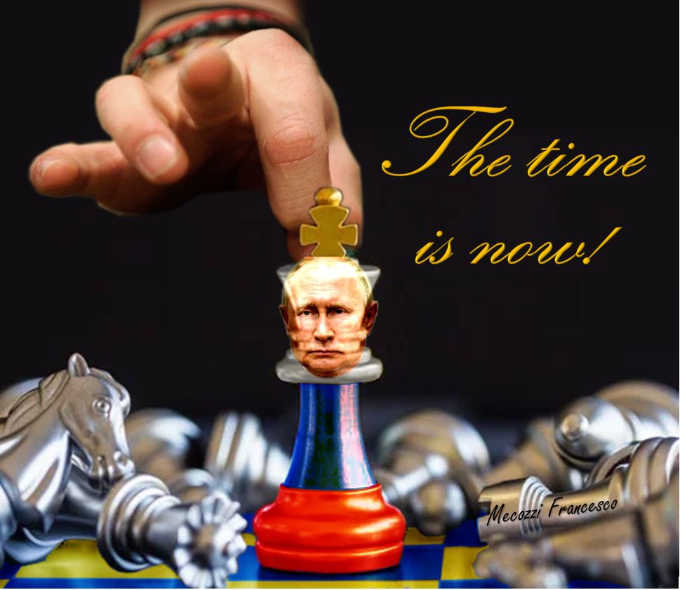 Satiracida's tweet photo. My cartoon today "The Time is Now!" #russia #crimes #Putin #Zelensky #scacchi #chess #RussianUkrainianWar #Ukrainerussiawar #vignetta #comics #italianmeme #humor #satire #cartoon https://t.co/RjtpvJTA5n