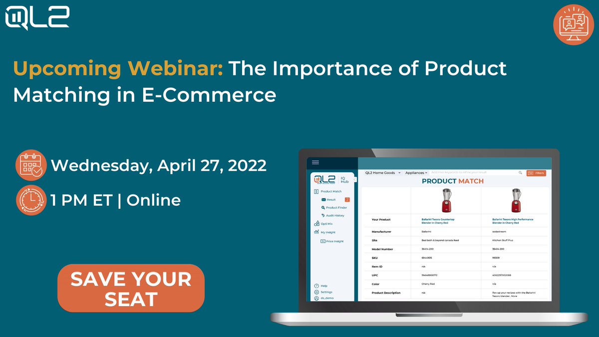 #ProductMatching is one of the most important pieces of your #PriceMonitoring strategy, but what exactly is it and what makes it so important? 
To learn more, join our upcoming #webinar on Wed, April 27 at 1pm ET
Register here: bit.ly/3LJD4QO