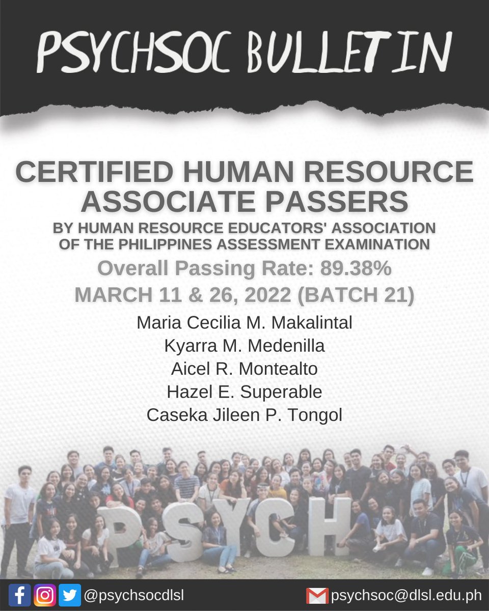 psychsocdlsl's tweet photo. PASSION. SERVICE. PURPOSE.🦋

We beam with ANIMO pride as we congratulate Batch 21 of DLSL Psychology Students who passed the Certified Human Resource Associate (CHRA) by HREAP Assessment Examination last March 11 &amp; 26, 2022! 💚

#METAMORPHOS18 #ANIMOPsych #LaPSYCHyanos https://t.co/ckmcdsSem4