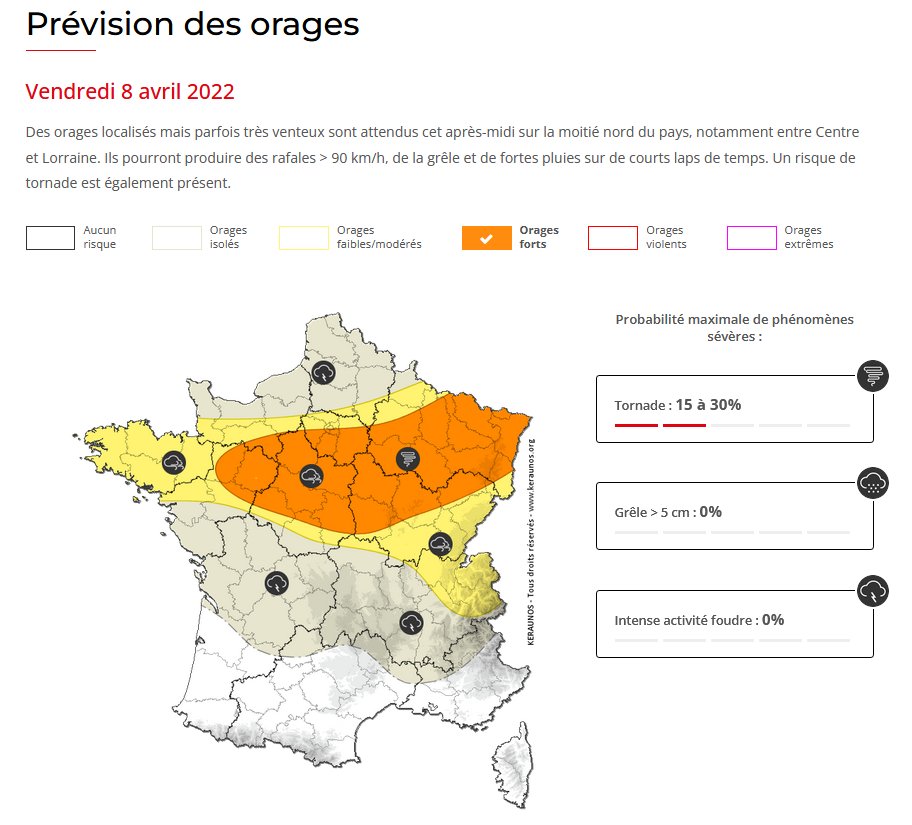 Des #orages ponctuels mais parfois forts sont possibles cet après-midi et ce soir entre #Centre #Bourgogne et #Lorraine : risque de fortes pluies, #grêle et rafales > 90 km/h. Le potentiel de #tornade est à surveiller également. Bulletin complet : 