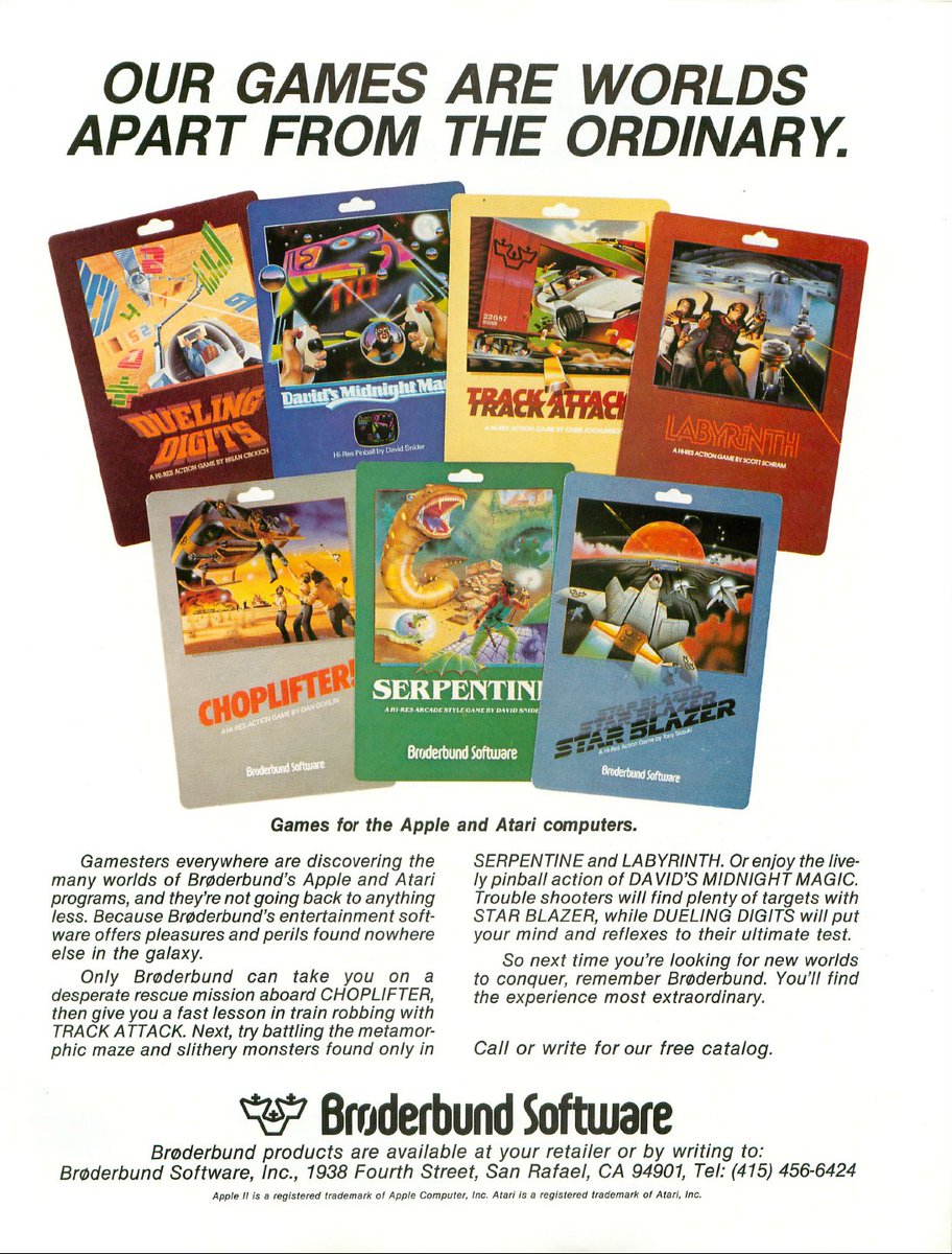 TakodanTweets's tweet photo. A wonderful 1982 advert by the awesome #BroderbundSoftware showing seven of their games for #Apple and #Atari computers https://t.co/cEj7IQYqUe