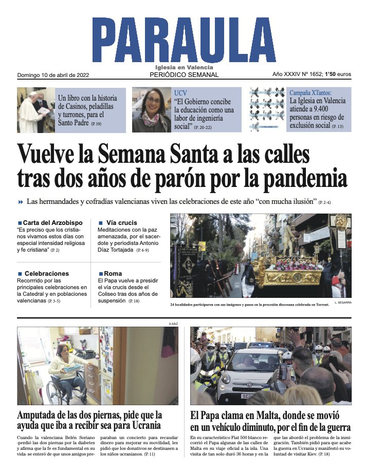Vuelve la Semana Santa a las calles tras dos años del parón por la pandemia. Y por eso esta semana PARAULA recorre las celebraciones semanasanteras más importantes de la diócesis. Además, les acercamos el testimonio de fe y superación de Belén Soriano.
