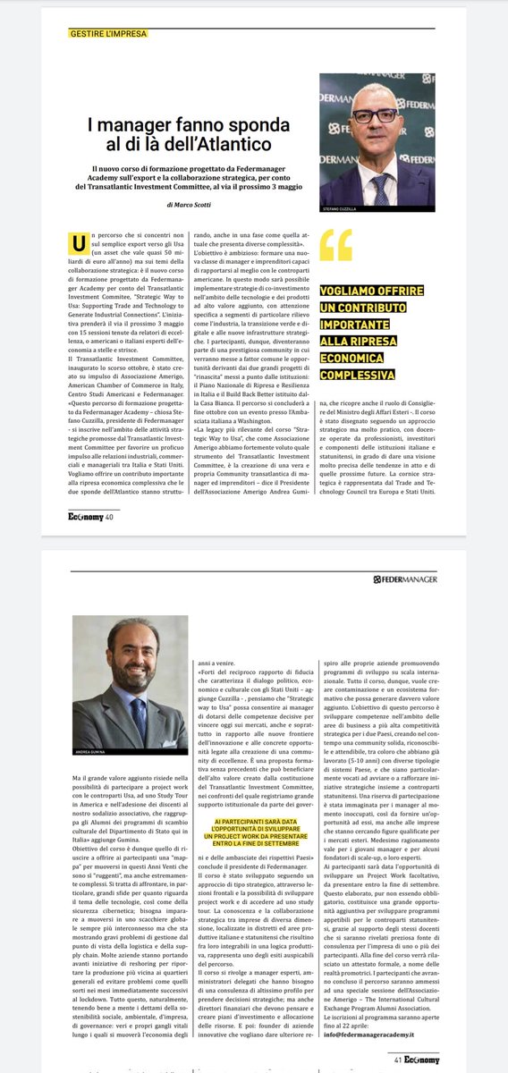 Very proud to announce our “Strategic Way to USA”,realized with the outstanding support of the Italian Embassy in Washington,DC. Grateful to the US Embassy in Rome for the proficuous dialogue. <a href="/Federmanager/">Federmanager</a>
<a href="/AmChamItaly/">AmCham Italy</a> 
<a href="/AmerigoAlumni/">Amerigo Alumni</a> 
<a href="/centrostudiusa/">CentroStudiAmericani</a> 
<a href="/ItalyinUS/">Italy in US</a> <a href="/AmbasciataUSA/">Ambasciata U.S.A.</a>