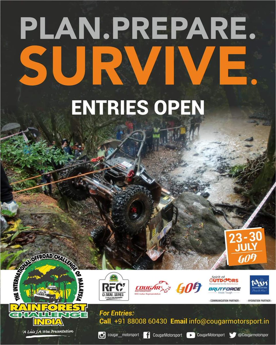The Rainforest Challenge India Brotherhood Beckons!!
Entries Open for 2022 Edition | 23 - 30 July, Goa
#rfcindia  #rfc #RainforestChallengeIndia #CougarMotorsport #rainforestchallenge