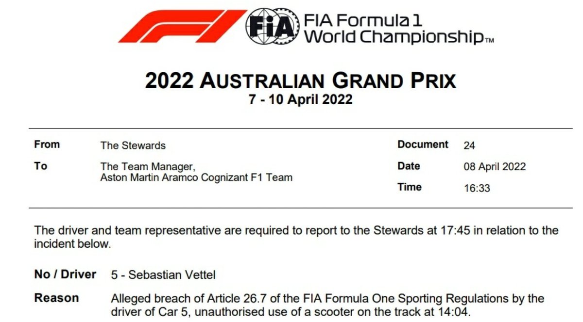 Sebastian Vettel moet zich melden bij stewards na tripje op scooter