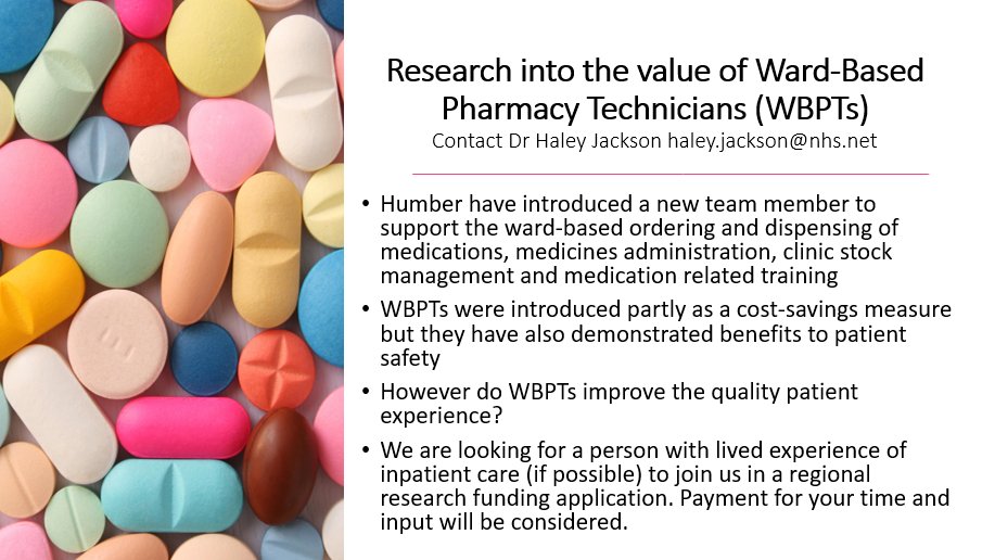 ResearchHumber's tweet photo. #BePartofResearch 
💊💊The Value of Ward Pharmacy Technicians (WBPTs)

We're looking for someone (preferably) w/ lived experience of inpatient care to contribute views for a #research funding application. 

Please see details below &amp; contact us to express interest/ask questions. https://t.co/JXdhxdxEiz