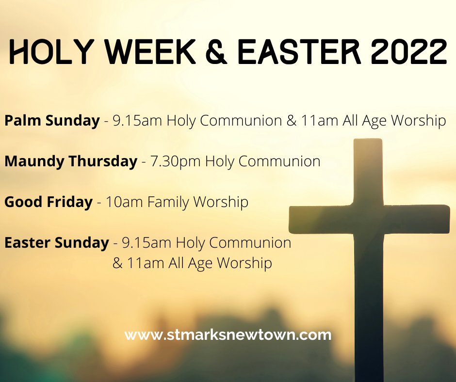 Join us for #HolyWeek and #Easter2022
Palm Sunday 10th April | 9.15am Holy Communion &amp; 11am Family Worship
Maundy Thursday 14th April | 7.30pm Holy Communion
Good Friday 15th April | 10am Family Worship
Easter Sunday 17th April | 9.15am Holy Communion &amp; 11am All Age Worship