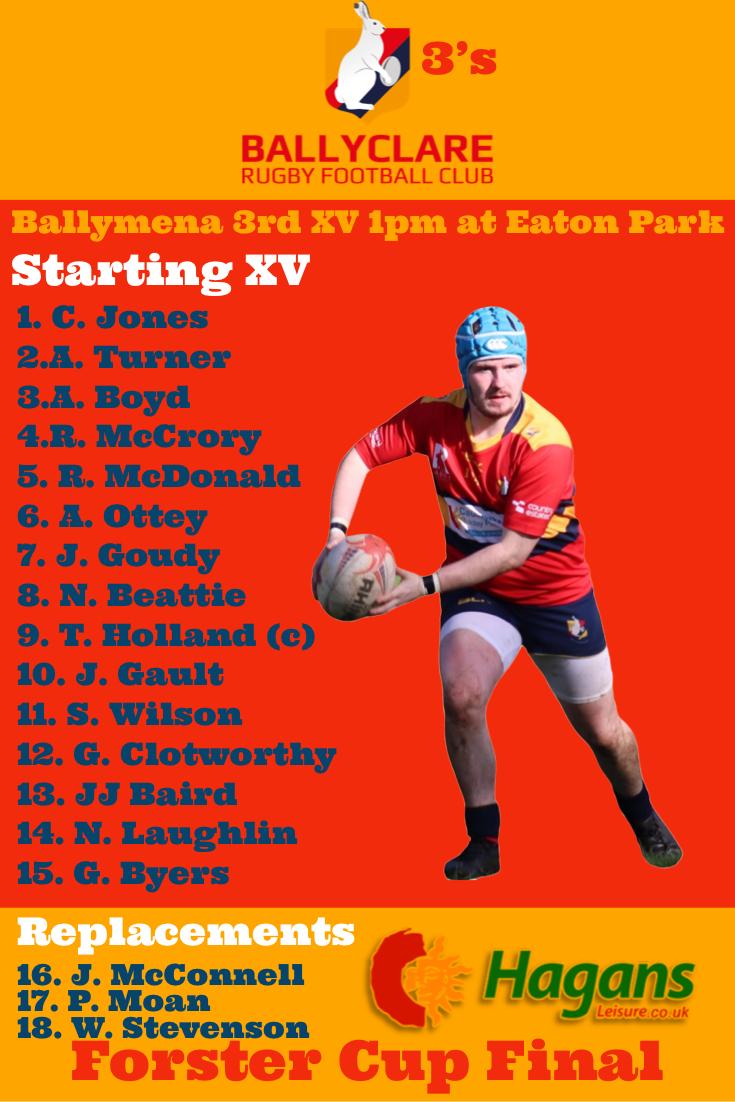 Ballyclare 3rd XV Match Day Squad for tomorrow's Forster Cup Final against <a href="/ballymenarfc/">Ballymena Rugby Club</a>.

KO is 1pm. 

All support welcome