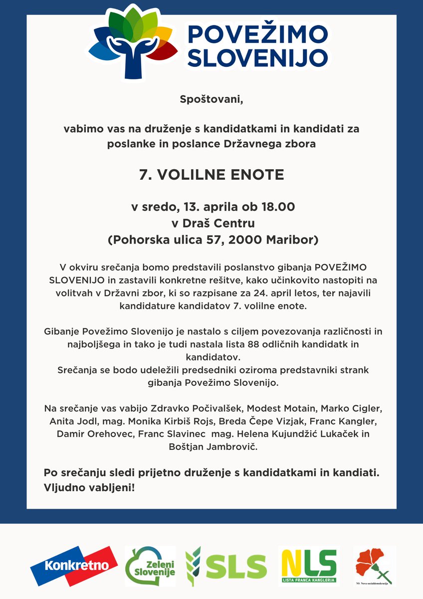 Srečujemo se, da se povezujemo, povezujemo pa se za skupen korak v prihodnost in za našo skupno pot na volitvah. 
<a href="/PovezimoSlo/">Povežimo Slovenijo</a>  in obkrožimo 10.
Vabljeni na srečanje kandidatov 7. volilne enote, ki bo v sredo, 13. aprila ob 18.00 v Draš Centru v Mariboru.