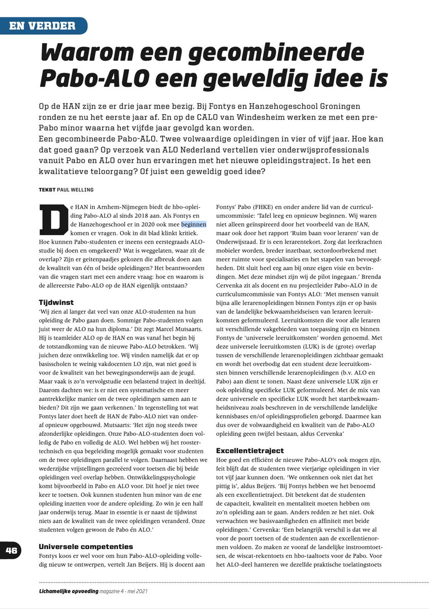 Mooie landelijke ontwikkeling. We hebben de verschillende pabo-ALO trajecten al eerder op een rij gezet. Lees hier in twee delen de ervaringen van de instituten <a href="/HAN_ALO_/">HAN ALO</a> <a href="/Sporthogeschool/">Sporthogeschool</a> Hanzehogeschool <a href="/Sportstudies/">Instituut voor Sportstudies Hanze Groningen</a> en @CaloZwolle   alo.nl/actueel/
