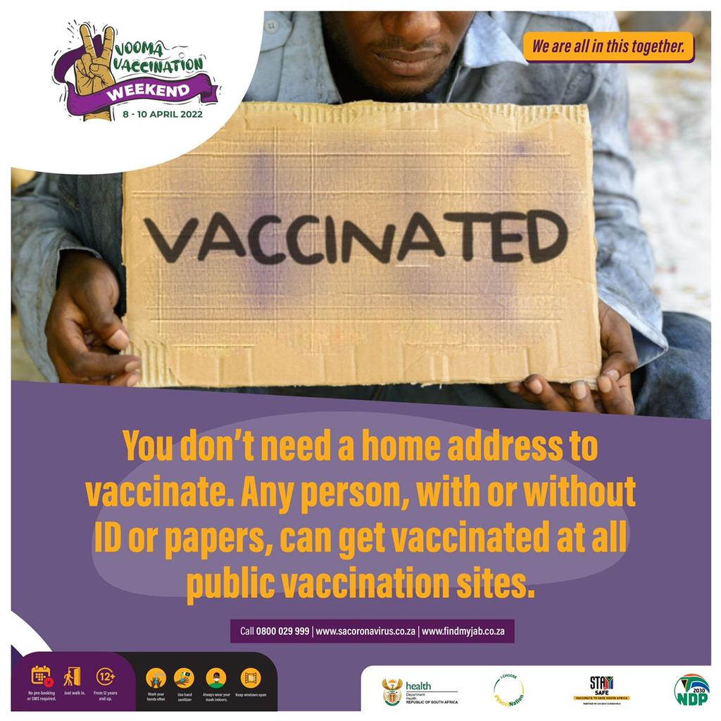 SedibengHealth's tweet photo. Vooma Vaccination Weekend, more sites are operating to allow access for the community of @SedibengDM to get vaccinated. You do not need yo have identity documentation for you to get vaccinated #VoomaWeekend #VaccineSavesLives https://t.co/RiKyvyRzBS