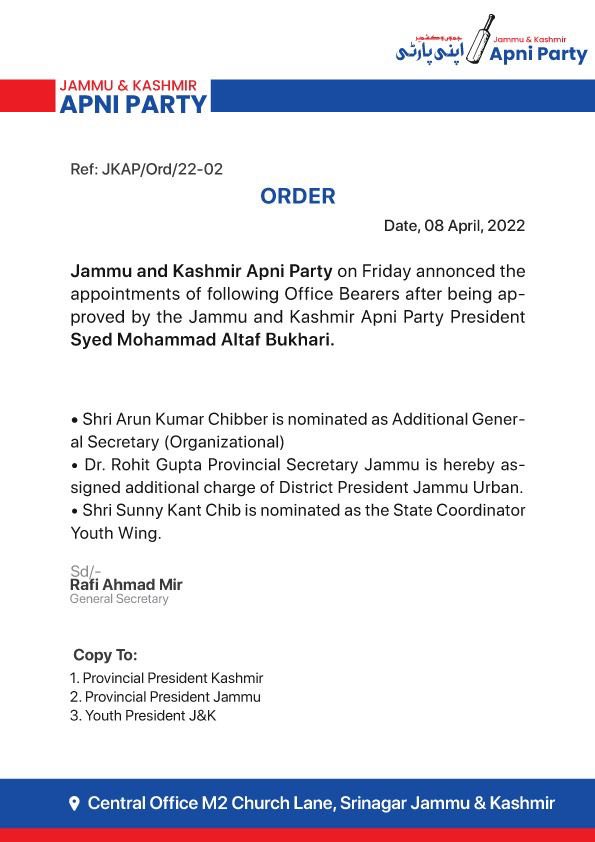 Apnipartyonline's tweet photo. Syed Mohammad Altaf Bukhari approves appointment of New office bearers. 
@AltafBukhari01 https://t.co/bF6xPTty9y