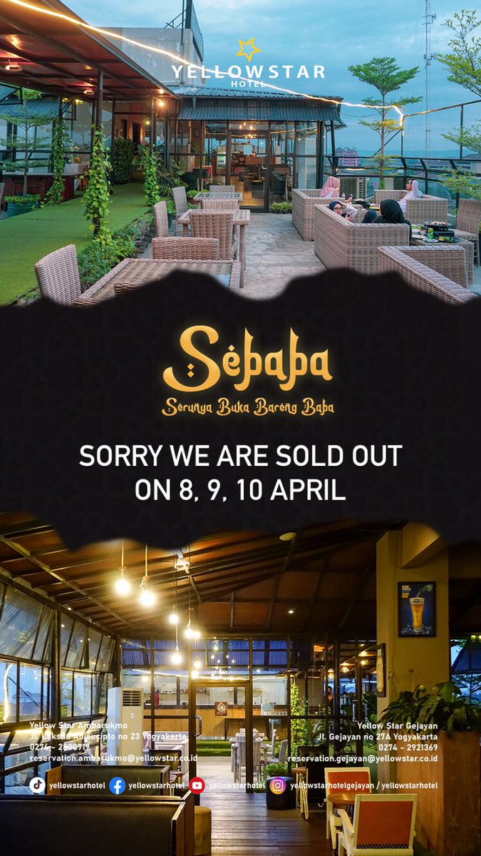Hello.. Yellowvers.. 🥳
Buka Bersama sudah SOLD OUT di tanggal berikut :

Yellow Star Hotel Ambarrukmo
# 08,09,10 April 2022

Yellow Star Hotel Gejayan
# 08,09,10,12 April 2022

Untuk reservasi atau lihat menu bisa klik link dibawah ini ya :
link.yellowstar.co.id/Breakfasting-Y…