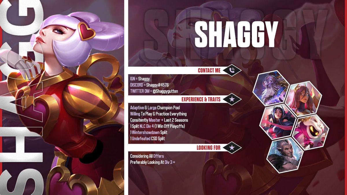 Shaggy (@shaggygutten) on Twitter photo After finishing div4 1 win off playoffs I am still contracted to Nativz, but have been allowed to explore my options for summer split
Open to any tryout- DM for info/questions!
Retweets appreciated <3 After finishing div4 1 win off playoffs I am still contracted to Nativz, but have been allowed to explore my options for summer split
Open to any tryout- DM for info/questions!
Retweets appreciated <3