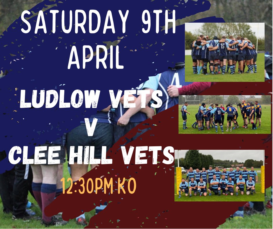 Saturday 9th April

After it was so much fun to play and watch last time the Vets game is back again with the return fixture against Ludlow🏉

Down at the Linney, 12:30pm KO🏉

#comeontherams
#UpTheRams