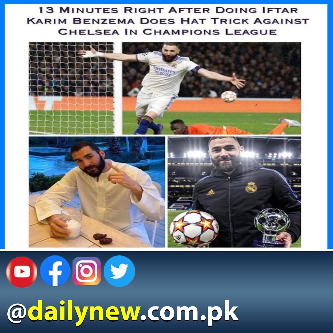 DailyNew62's tweet photo. Real Madrid's Muslim football player Karim Benzema has been observing his fasts during the month of Ramadan, and has managed to produce a stunning first-half display against Chelsea to put Real Madrid in full control of their Champions League #Dailynew #right #karimbenzema https://t.co/Dij2UYN0pJ