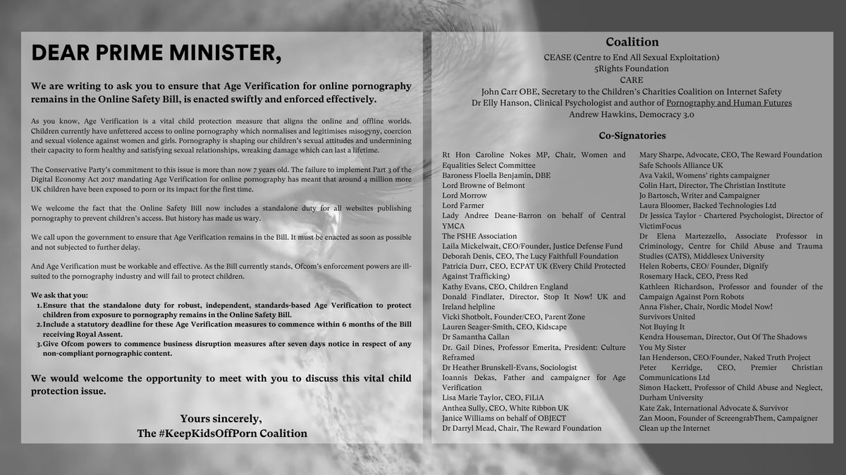 CEASEorgUK's tweet photo. Leading a coalition of charities, experts and survivors, CEASE has today sent a letter to the Prime Minister calling for amendments to the Online Safety Bill to ensure the law's timeliness, effectiveness and workability. Sign the petition: https://t.co/qhNAHVFpWw #keepkidsoffporn https://t.co/ZmtcujbcLV