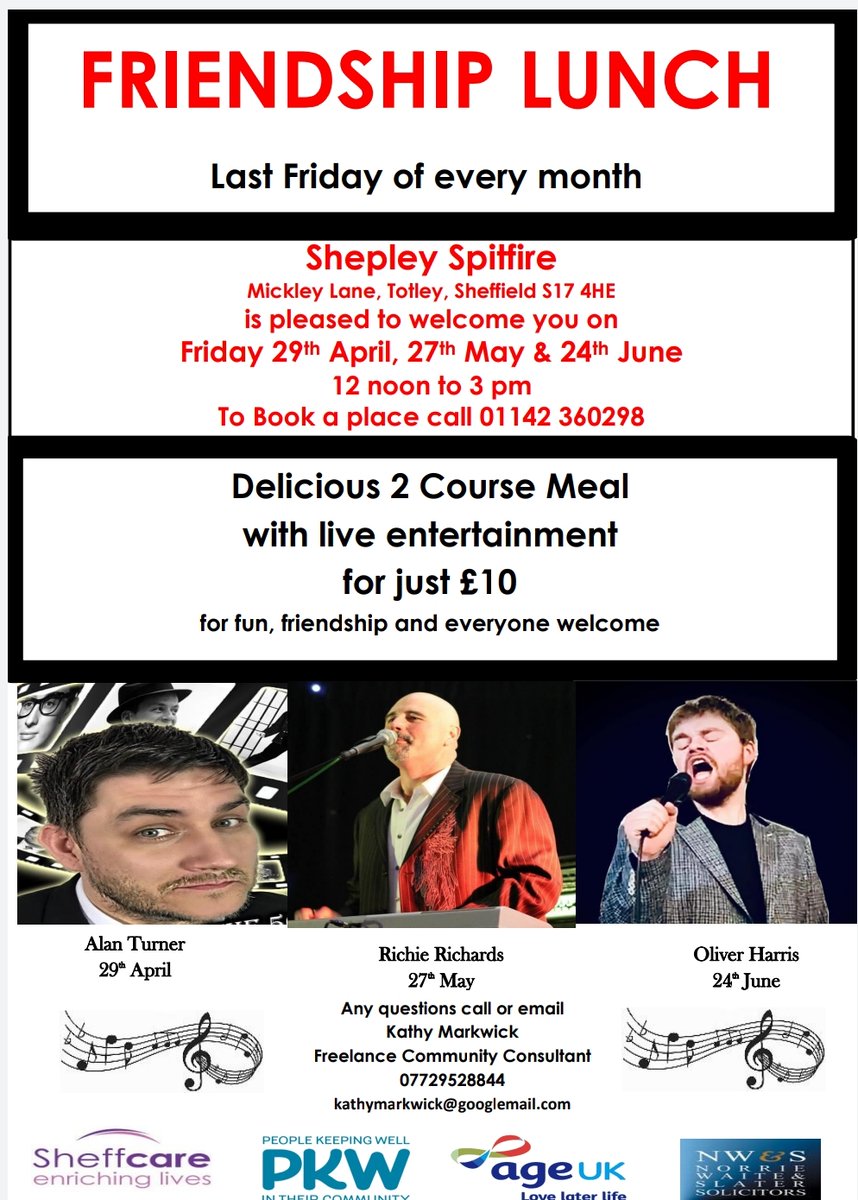 kathymarkwick's tweet photo. Looking fwd to 3 fantastic Friendship Lunches - 3 amazing entertainers, Alan Turner, Richie Richards &amp; @omh92 Thanks @ageuksheffield &amp; People Keeping Well for kind sponsorship&amp;to @sheffcare &amp; @NWSsolicitors poster sponsors. Please RT @dorerec @TotleyLibrary @vasnews @sheffield4c https://t.co/1zAaSXCBCx