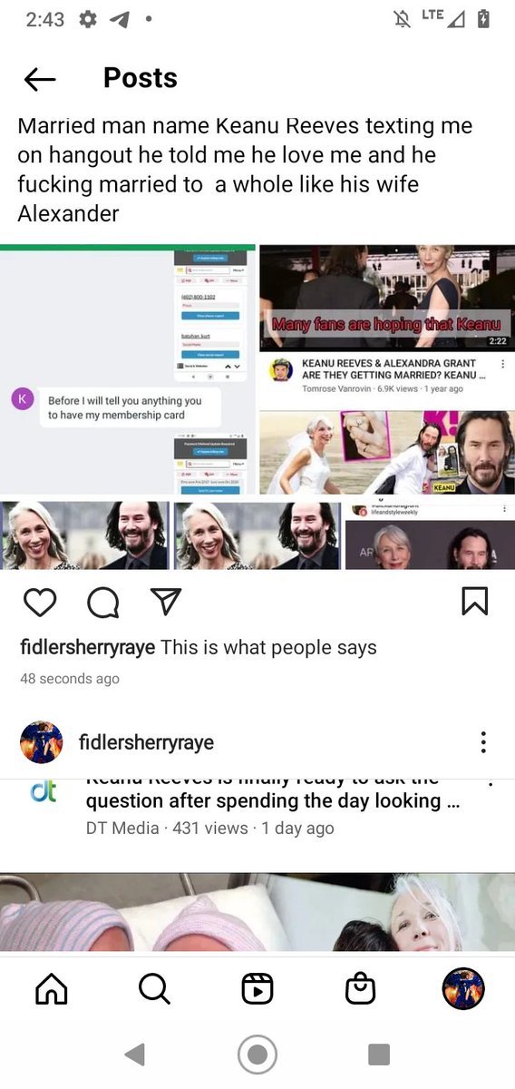 Keanu Reeves and Alexander is ready married but if you can see he was texting me on hangout