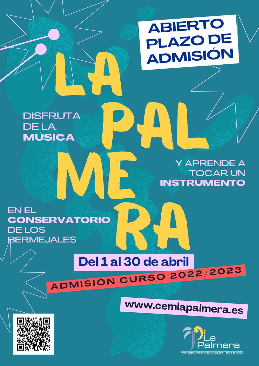 ABIERTO PLAZO DE ADMISIÓN para el curso 2022/2023 en nuestro conservatorio. Tienes hasta el 30 de abril para enviar tu solicitud, ¡te esperamos! Toda la info en cemlapalmera.es 🎶